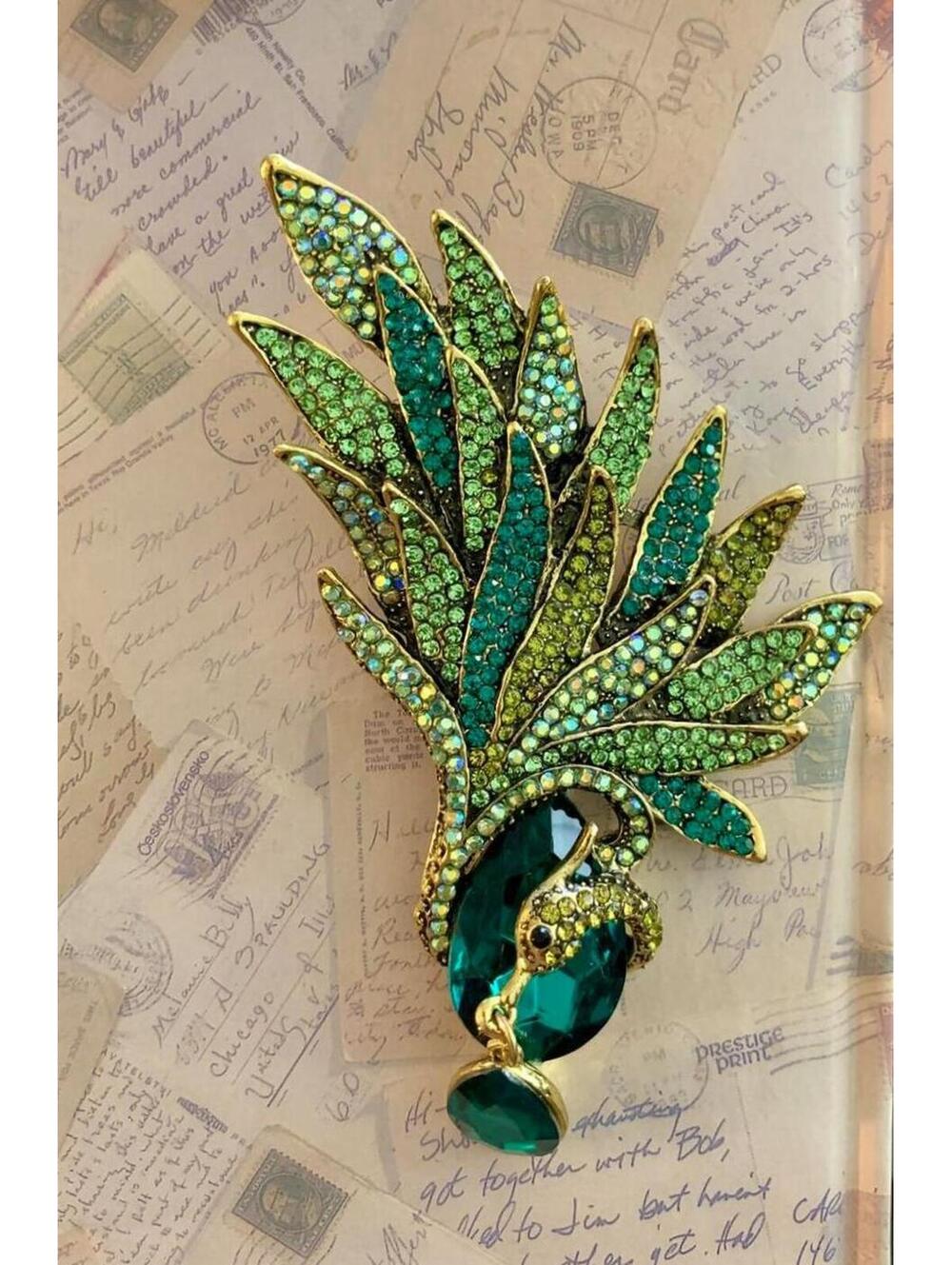 Statement Peacock Feathers Emeralds Jewelry Rhinestones Teardrop Crystals Brooch